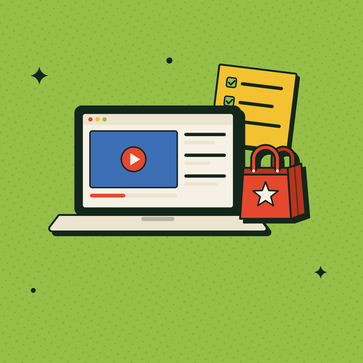 Ilustración: notebook con un video del curso, lista de módulos y la bolsa roja de Shilefy