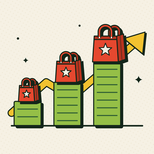 Ilustración: tres bolsas rojas de Shilefy sobre barras verdes que crecen, con una flecha amarilla hacia arriba