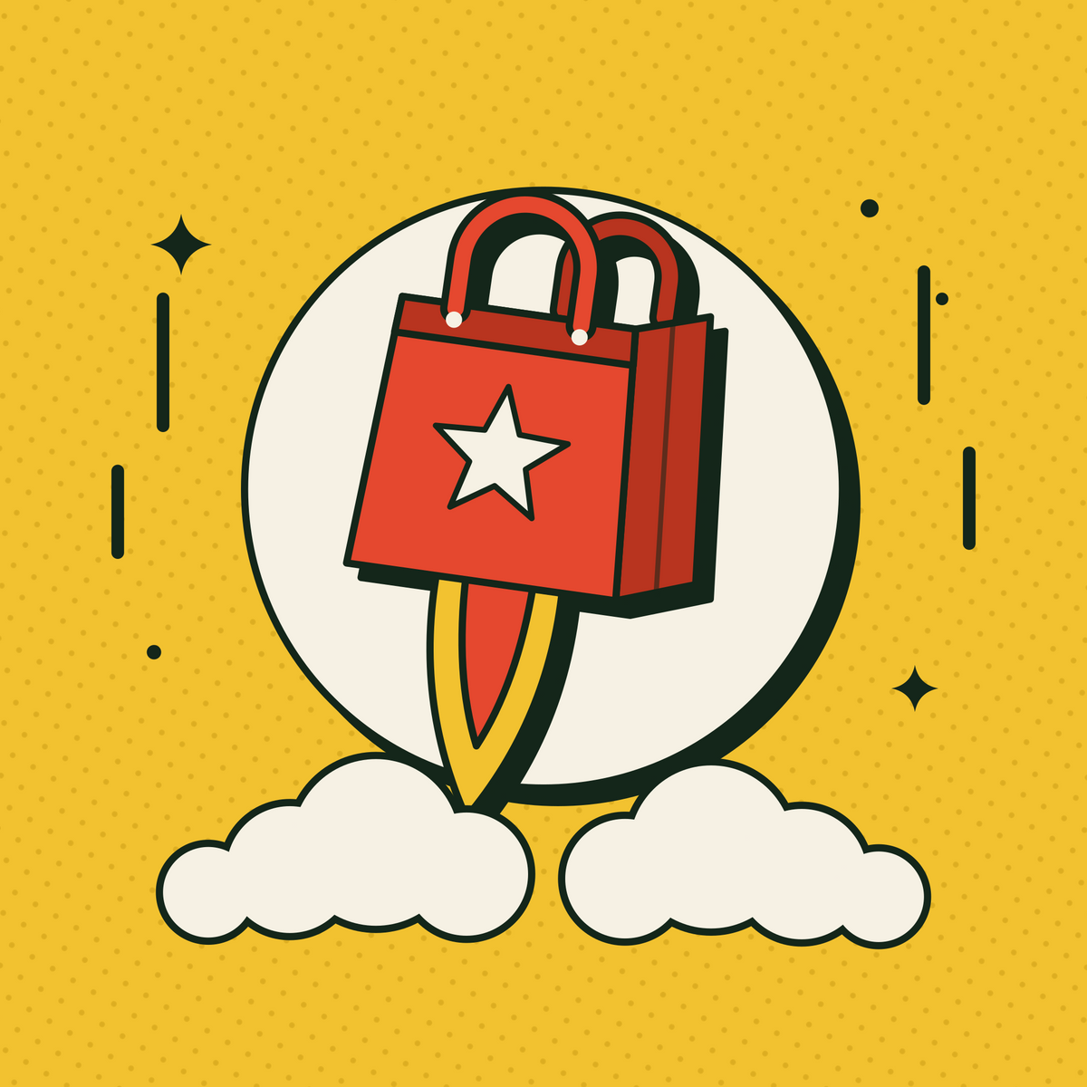 Ilustración: bolsa roja de Shilefy despegando como cohete entre nubes, sobre fondo amarillo