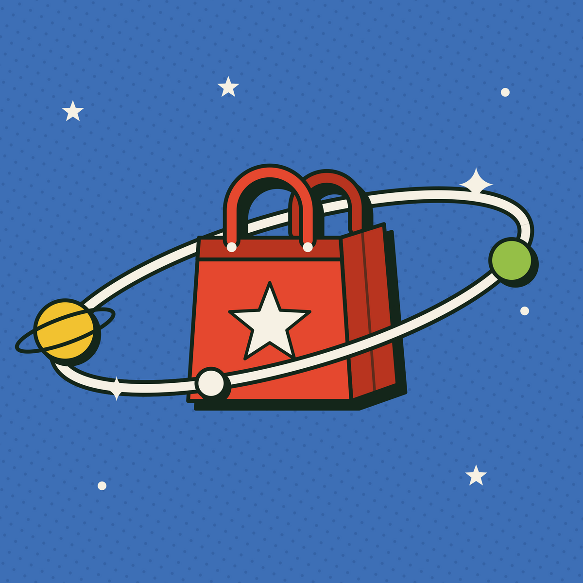 Ilustración: bolsa roja de Shilefy al centro de una órbita con planetas, sobre fondo azul